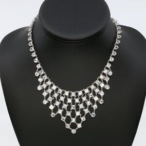 Vintage Glass Crystals Cascading Bib Rivière Style Silver Tone Necklace 1940s
